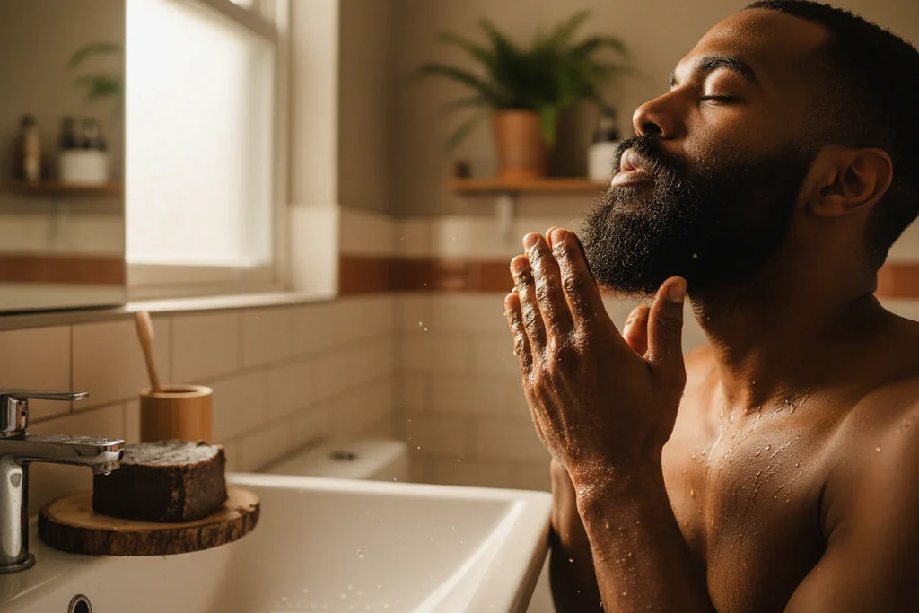 IMage realiste dun homme entrain de laver sa barbe avec du savon noire africain