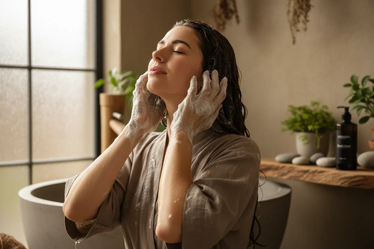 une image-realiste-dune-jeune-dame-blanche-se-lavant-les-cheveux-avec-le-savon-noire-lejouriel-cosmetics. elle a ses mains dans ses cheveux entrain de les laver