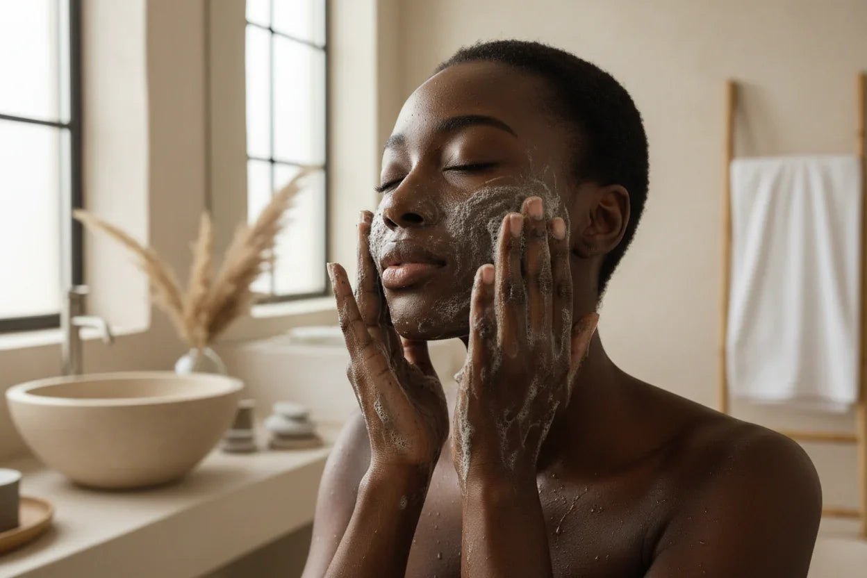 video denviron deux minutes dune jeune dame avec le savon noir dans ses mains et entrain de se laver le visage.